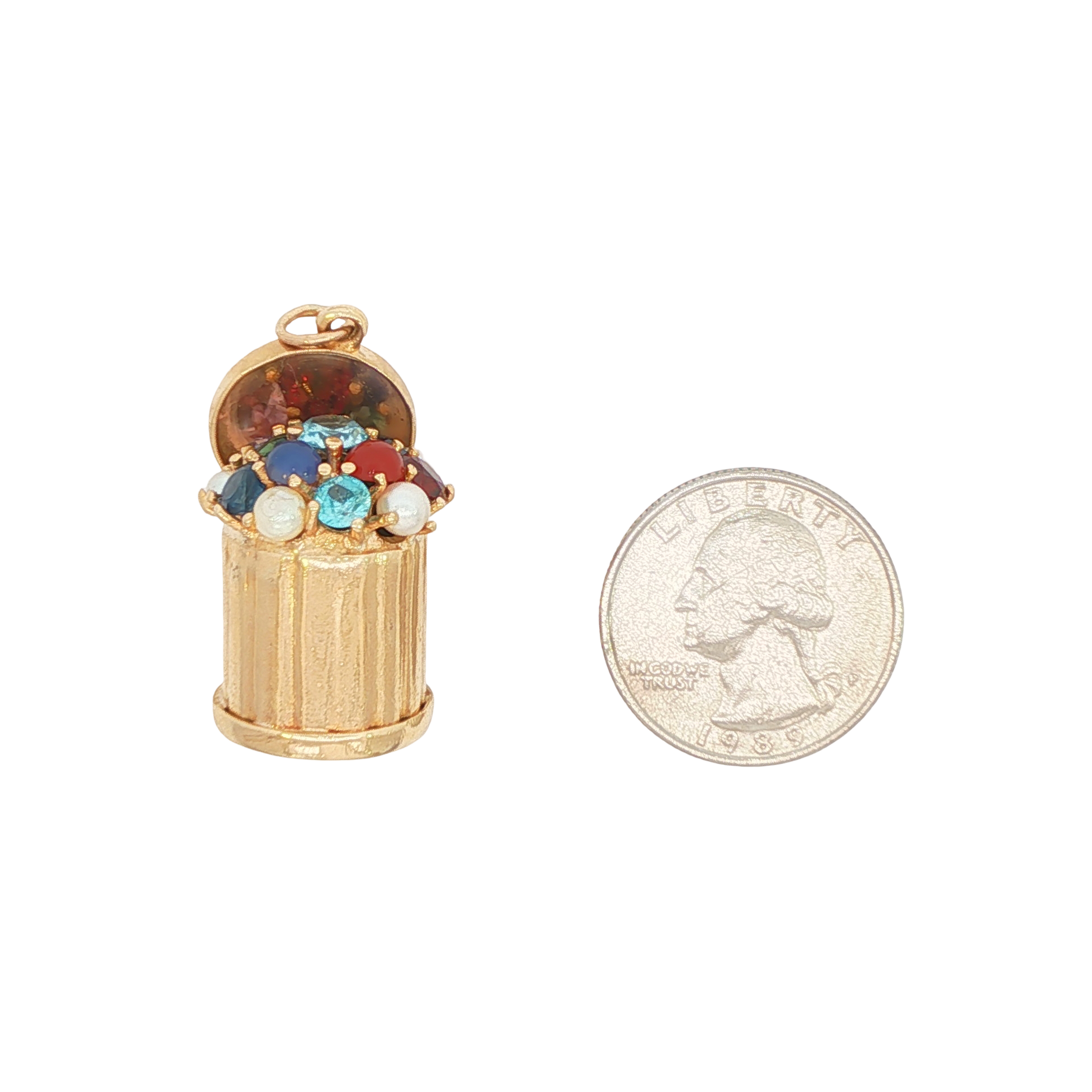 14 karat yellow gold novelty trash can charm with opening lid and mixed gemstones