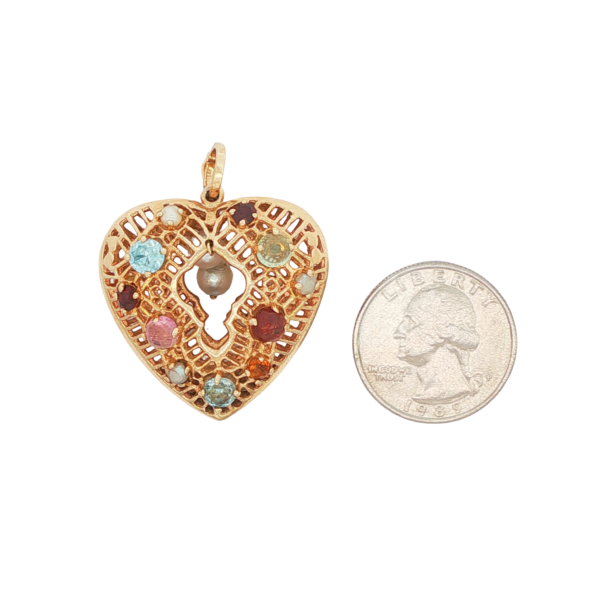 14k Yellow Gold Vintage Pearl Multigem 3-D Heart Pendant