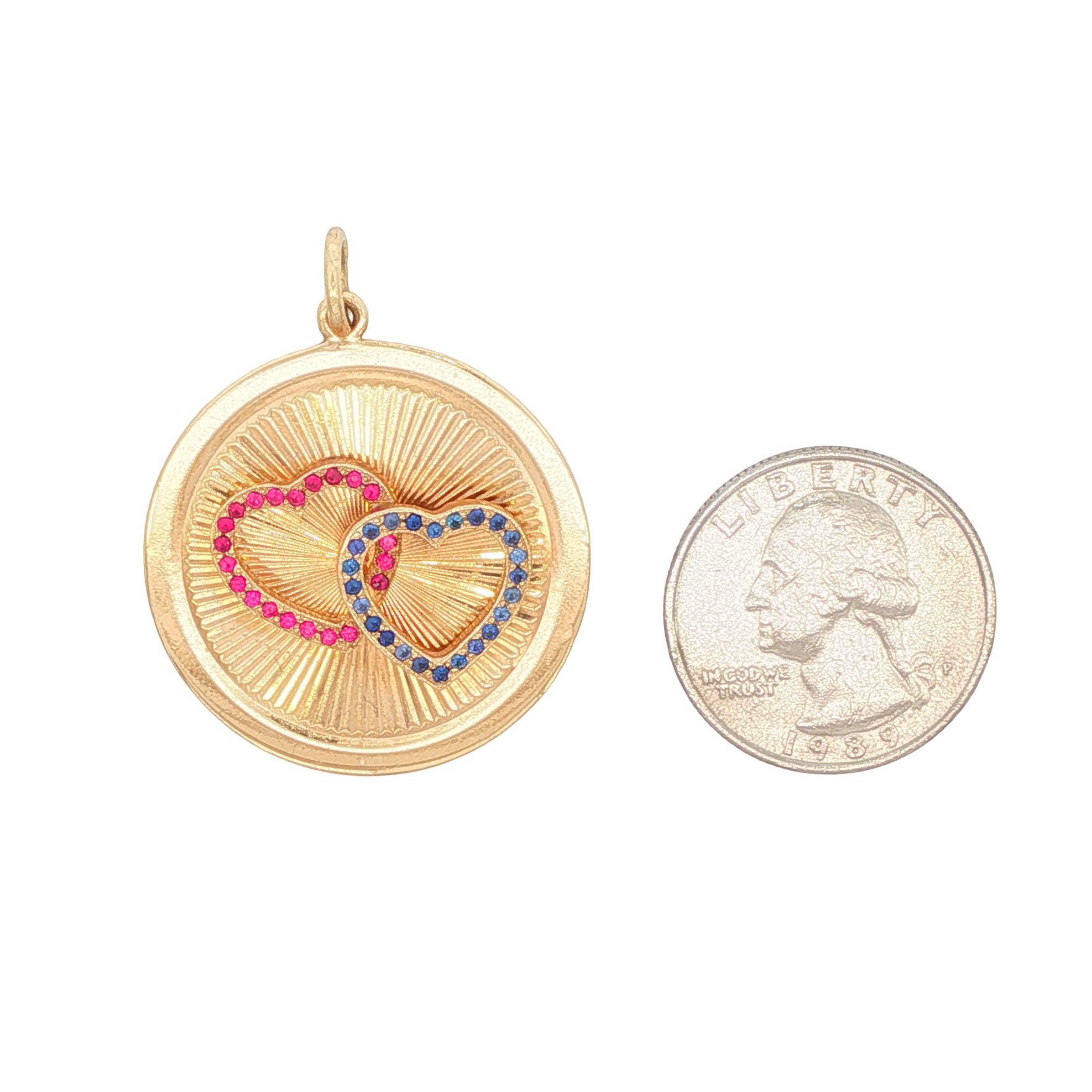 14k Yellow Gold Vintage Danker Sapphire and Ruby Double Heart Charm