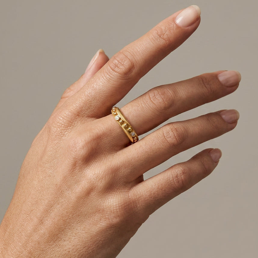 18K Yellow Gold Diamond Studded Band Stacking Ring