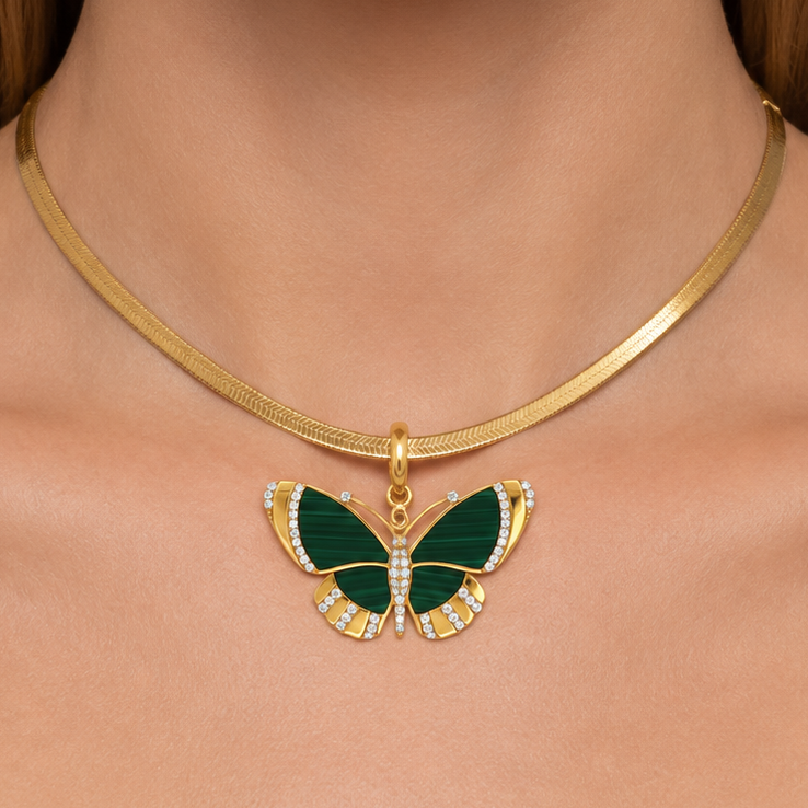 14k Yellow Gold Malachite Diamond Openable Clasp Butterfly Charm