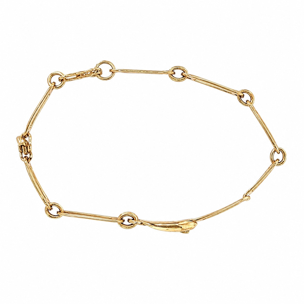 Full circle view of 1970s gold belt bracelet with bar link chain and buckle at front