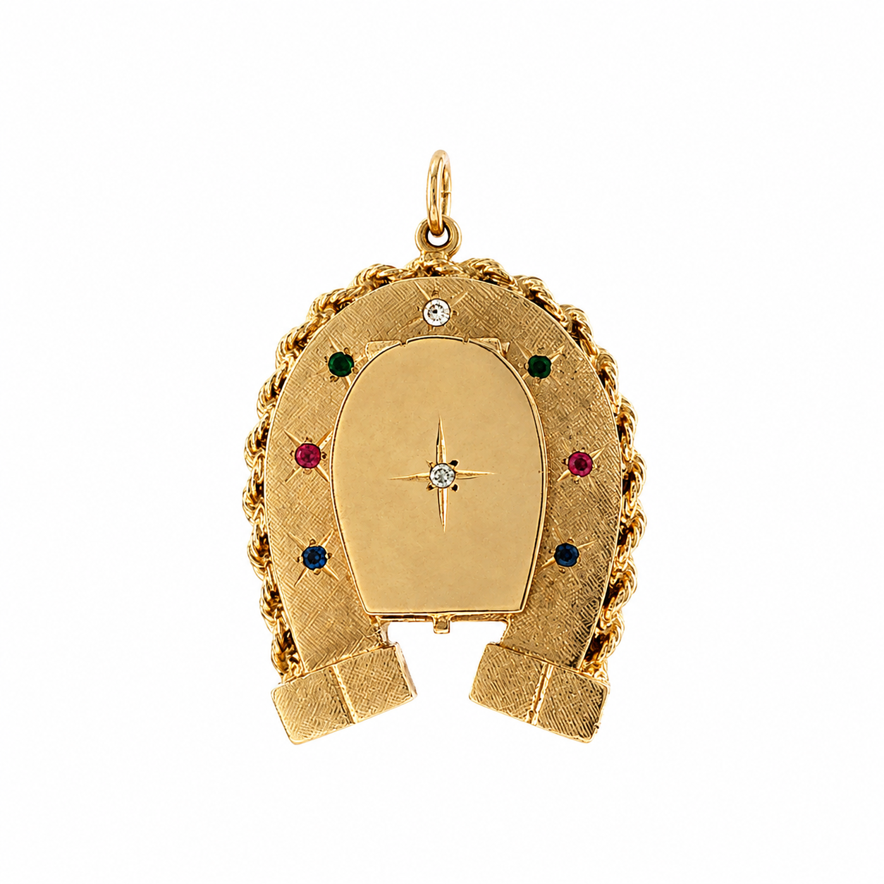 Mid-century 14 karat gold horseshoe locket with star-set gems and rope-twist border, front view