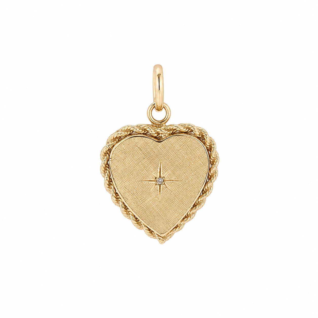 Mid-century 14 karat gold heart locket with florentine texture and star-set diamond, front view