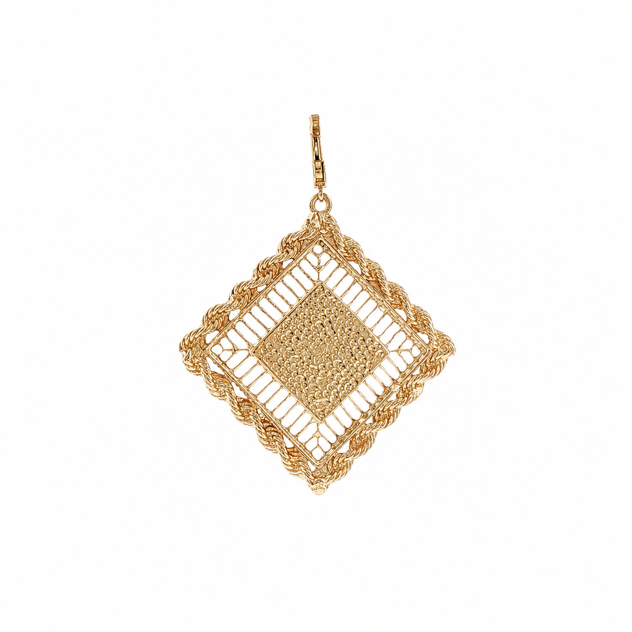 14K Yellow Gold Vintage Diamond-Shaped Locket Rope Border Push-in Clasp
