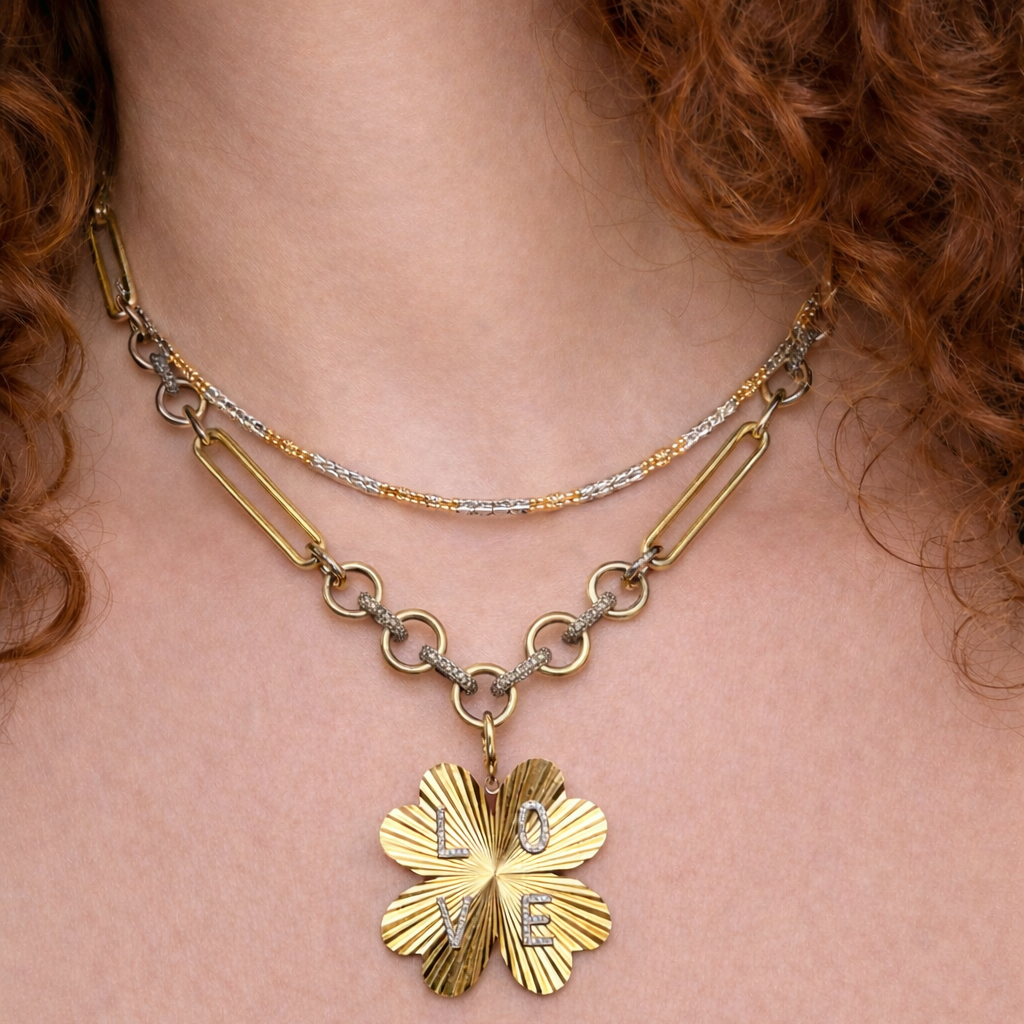 14k Yellow Gold Engine Turned Clover Love Charm