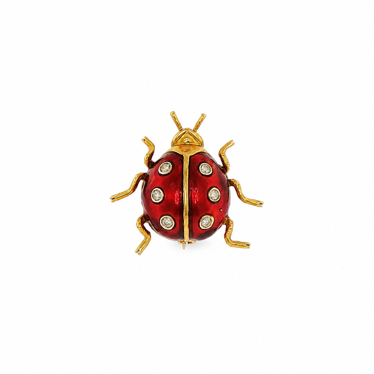 18k Yellow Gold Guilloché Enamel Diamond Ladybug Brooch