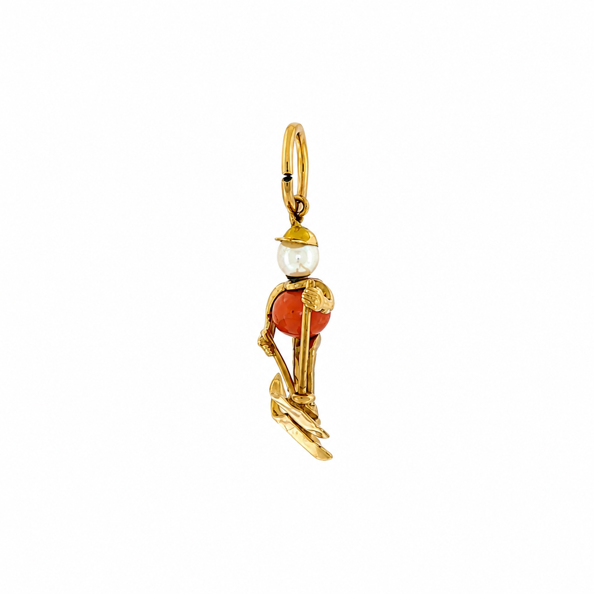 18k Yellow Gold Coral and Pearl Skier Charm