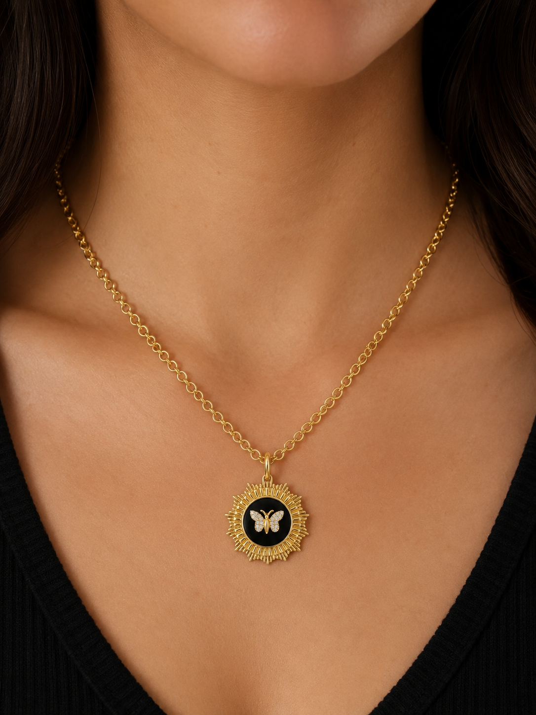 14k Gold Black Onyx and Diamond Butterfly Charm