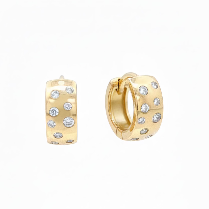 14k Yellow Gold Diamond Huggie Hoop Earrings