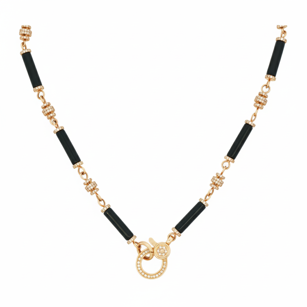 14k Yellow Gold Black Onyx Diamond Barrel Link Chain