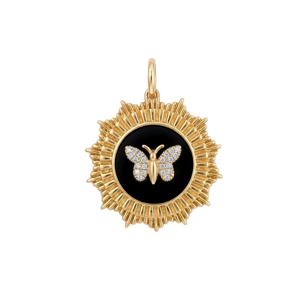 14k Gold Black Onyx and Diamond Butterfly Charm
