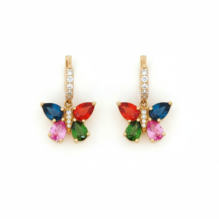14k Yellow Gold Diamond Multi Colored Sapphire Butterfly Earrings