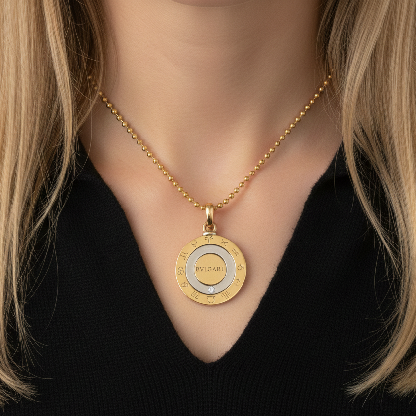 18k Yellow and White Gold Diamond 1990's Zodiac Bvlgari Pendant