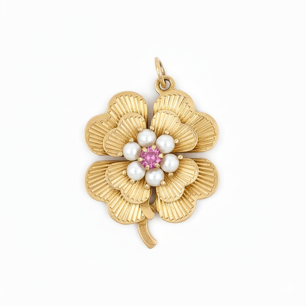 14k Yellow Gold Pearl Pink Sapphire Engine Turned Double Clover
