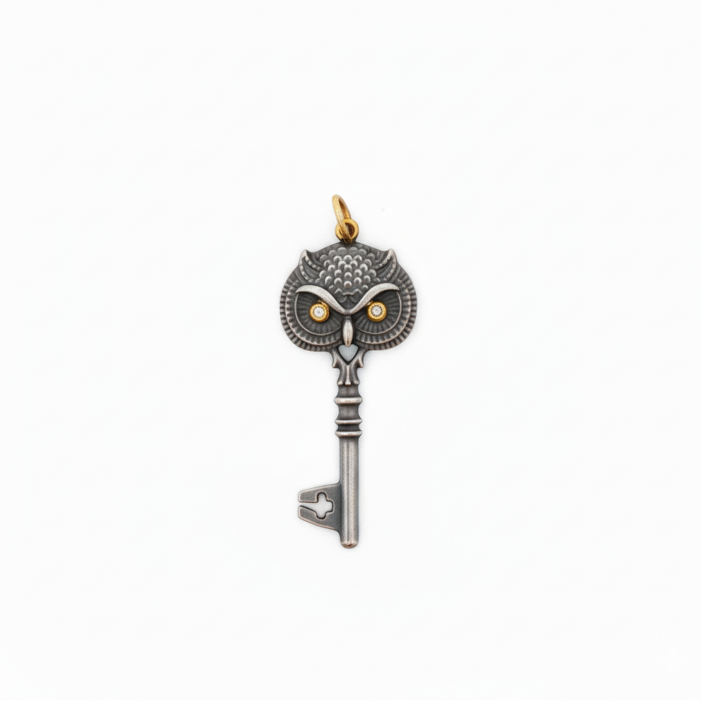 24k Yellow Gold Diamond Silver Key Owl Charm Pendant