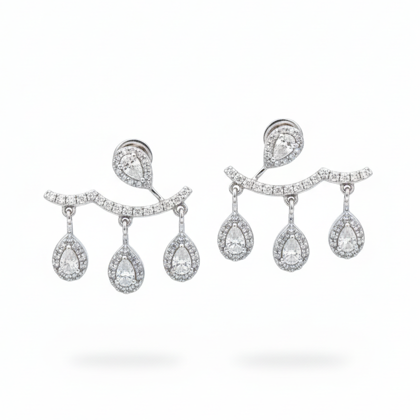 14k White Gold Triple Drop Pear Diamond Climber Earrings