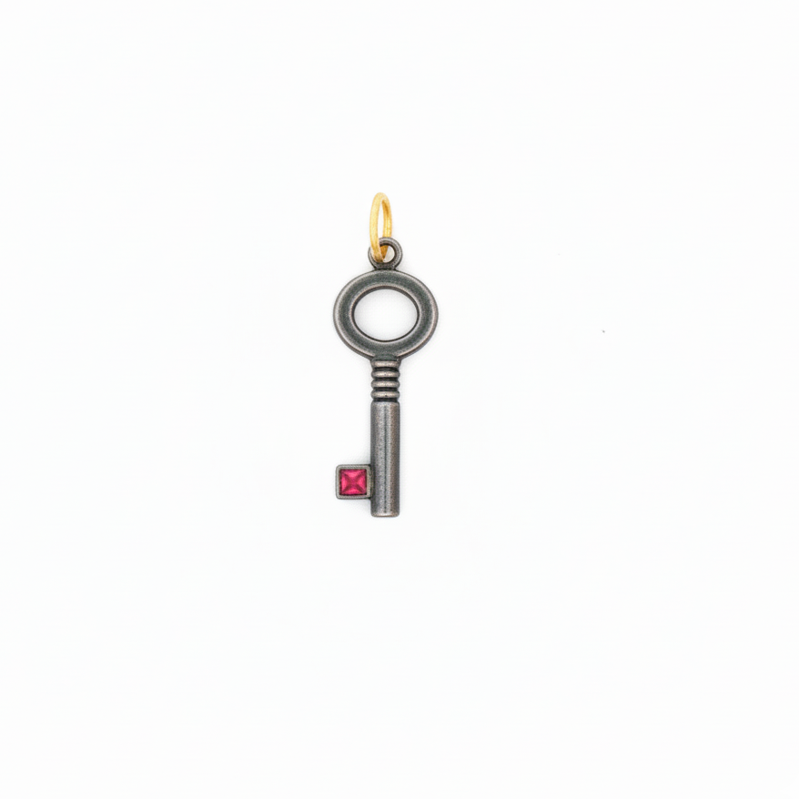 24k Yellow Gold Ruby Silver Key Charm Pendant