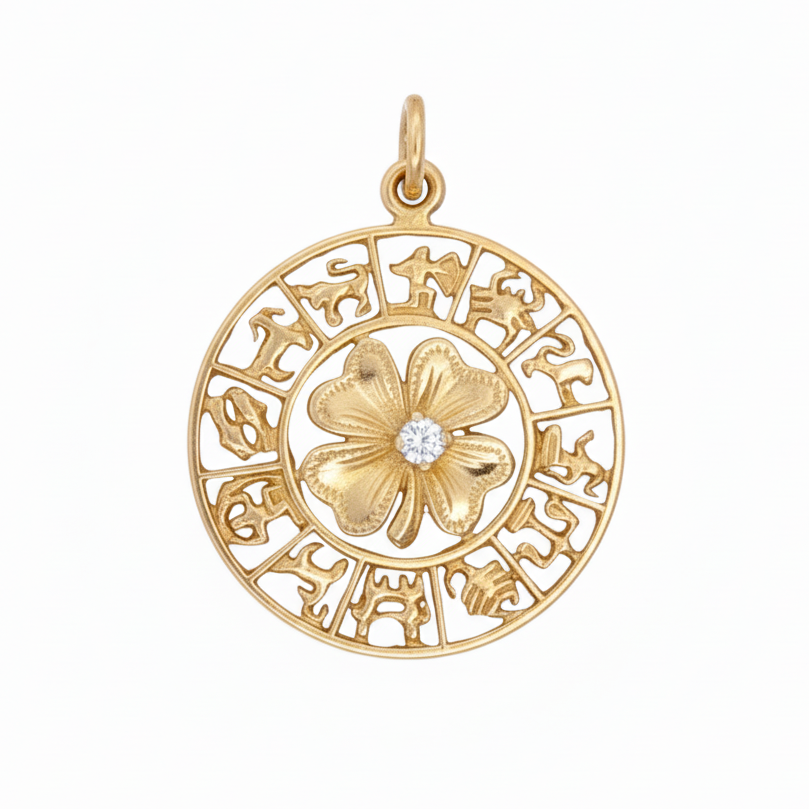 14k Yellow Gold Diamond Four Leaf Clover Zodiac Charm