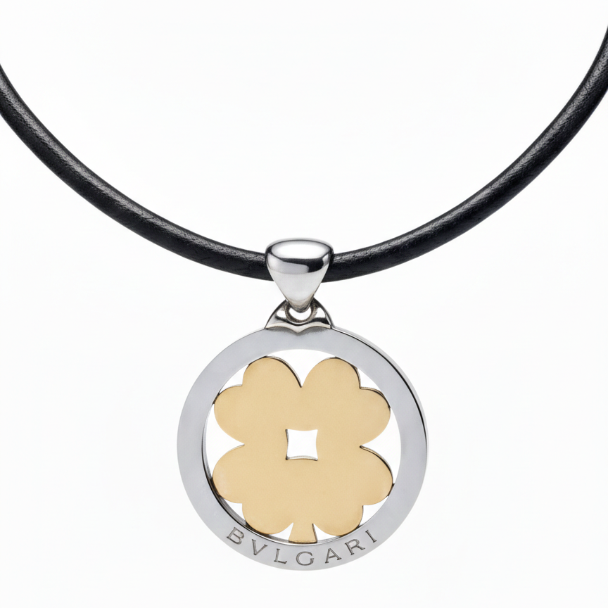 18k Yellow Gold and Stainless Steel Bvlgari Tondo Clover Pendant Necklace