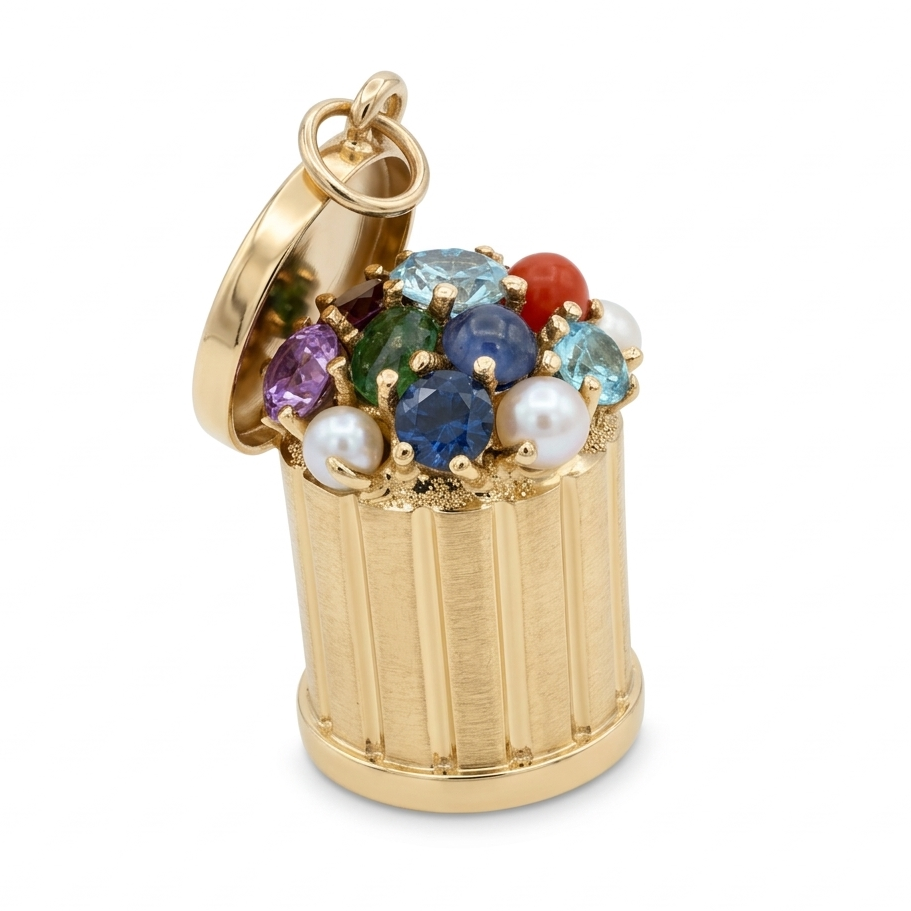 14 karat yellow gold 1960s trash can charm with pearl and gemstone cluster