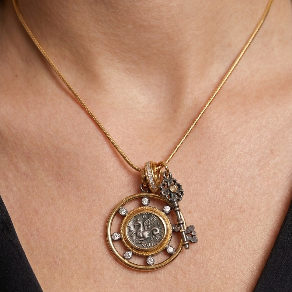 24k Yellow Gold Silver Diamond Pegasus Charm