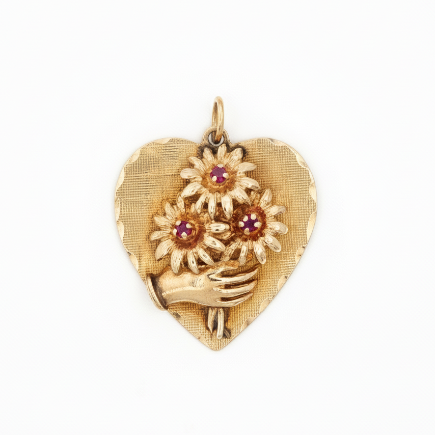14k Yellow Gold Ruby 1950s Flower Bouquet Charm