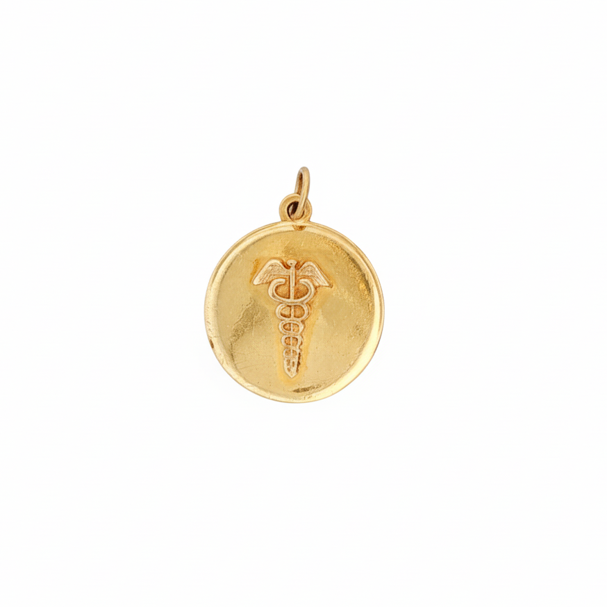 14 Karat Yellow Gold Caduceus Medical Round Disc Charm Pendant