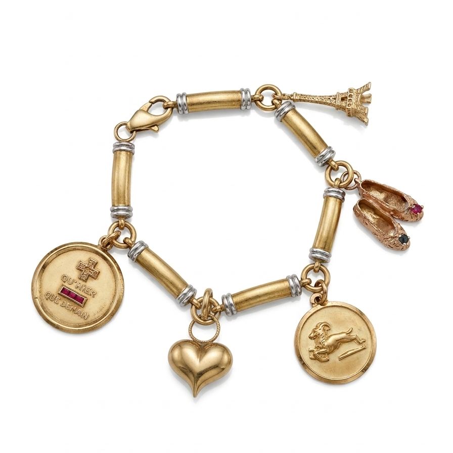 18 Karat Yellow Gold Vintage A. Augis Qu’hier Que Demain Ruby Diamond Love Token Charm