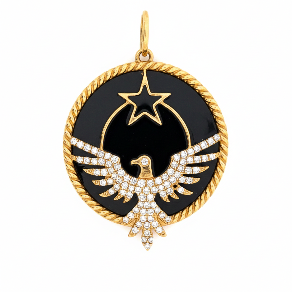 14k Yellow Gold Onyx Diamond Eagle Charm