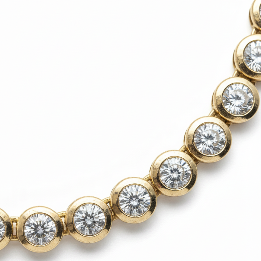14k Yellow Gold Chunky Bezel Set Natural Diamond Tennis Necklace