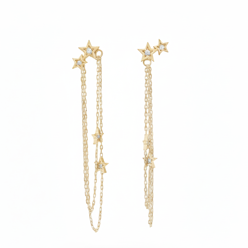 14k Gold Diamond Star Chain Drop Earrings