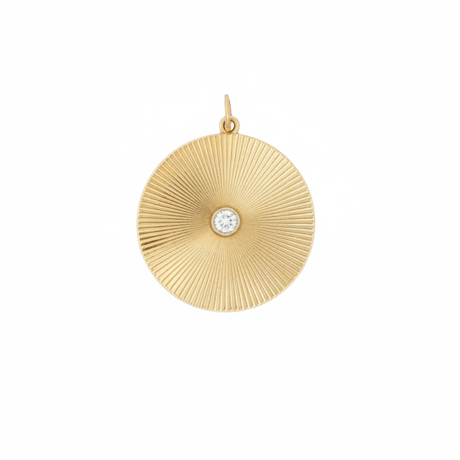 14k Yellow Gold Engine Turned Diamond Circular Charm Pendant