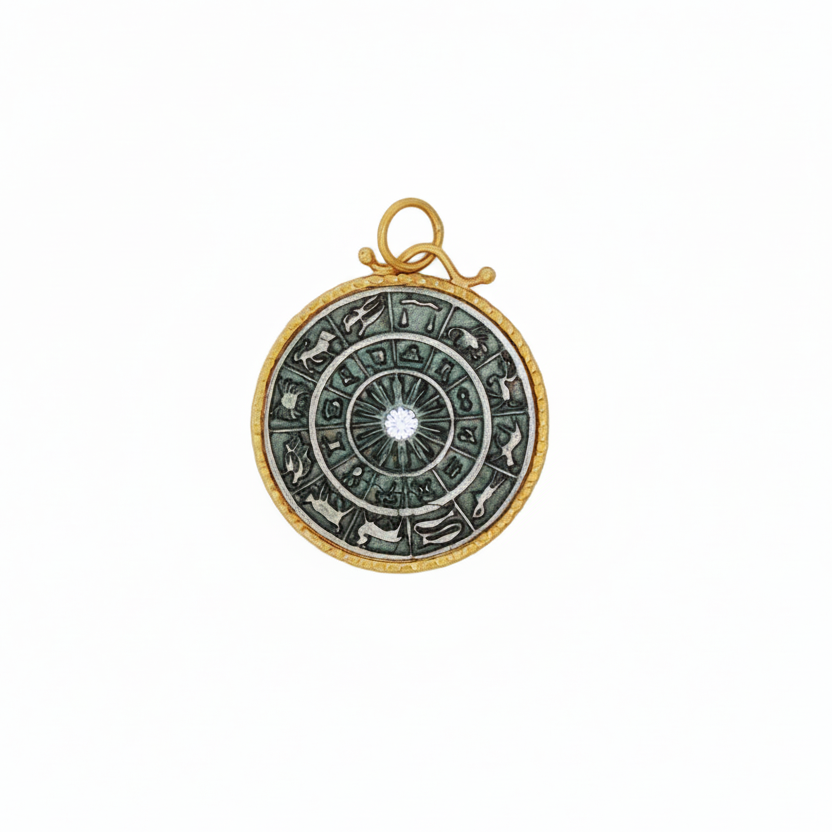 24k Gold Pendant with Diamond & Silver Zodiac Charm Pendant