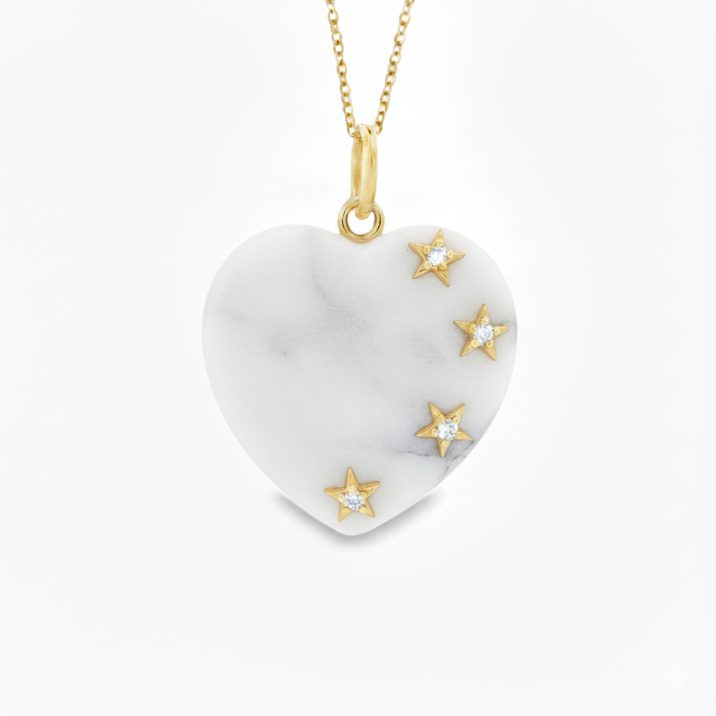 14K Yellow Gold Gemstone Diamond Heart with Stars Charm