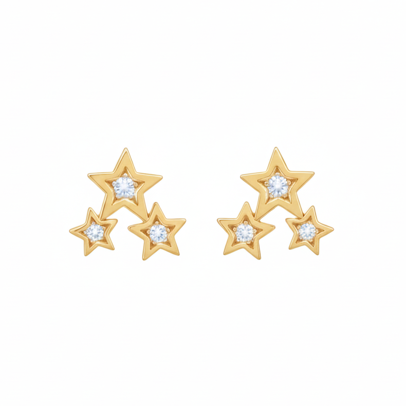 14k Gold Diamond Triple Star Stud Earrings