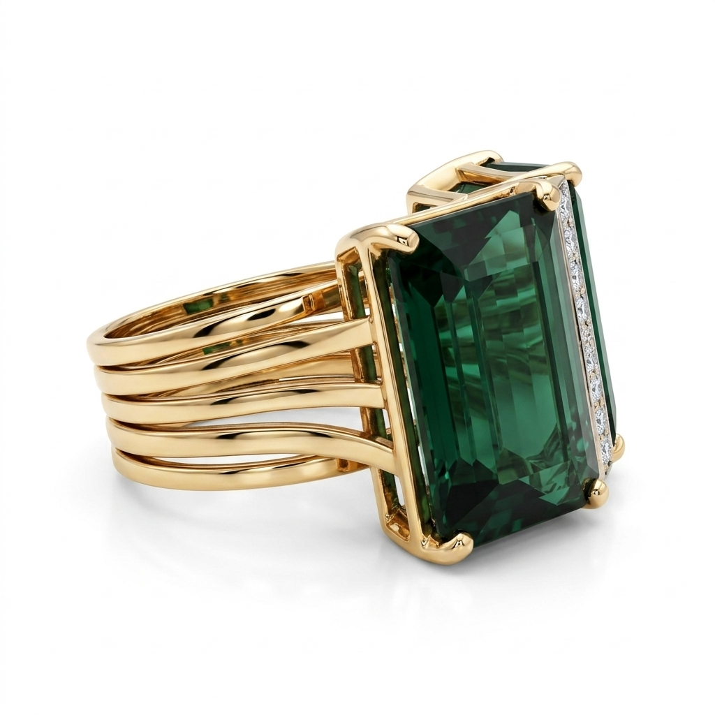 14k Yellow Gold Vintage Diamond Green Tourmaline Statement Ring