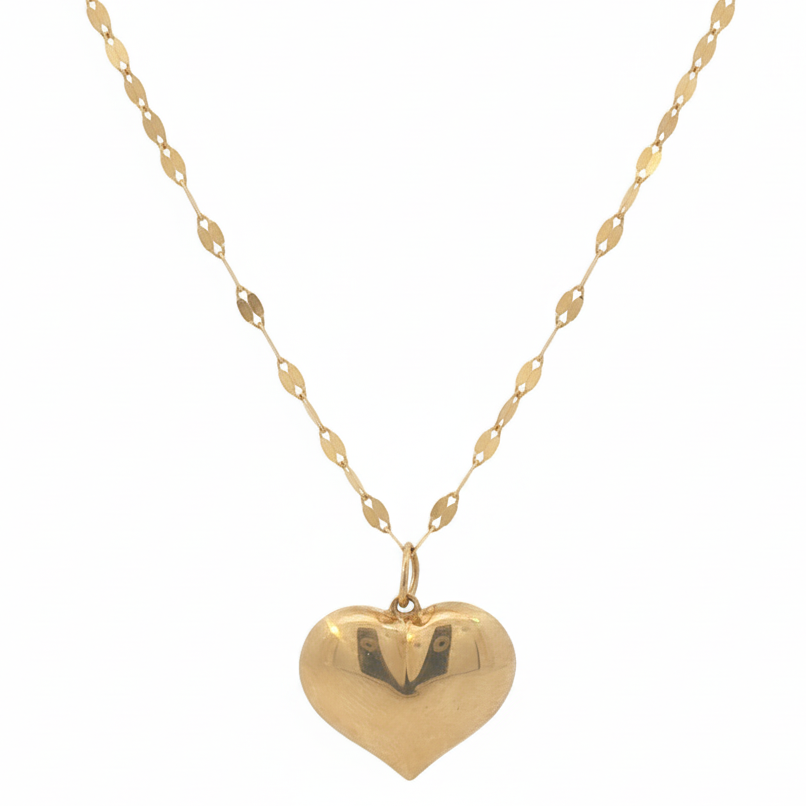 14k Yellow Gold Vintage Puffy Heart Diamond-Cut Link Necklace