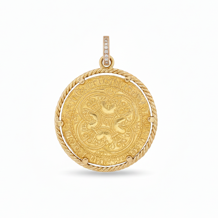 14k Yellow Gold Coin Charm Rope Frame with Diamond Bail