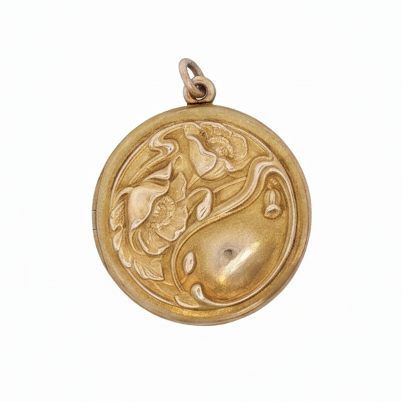 14k Yellow Gold 1910s Repousse Floral Flower Disc Locket Charm