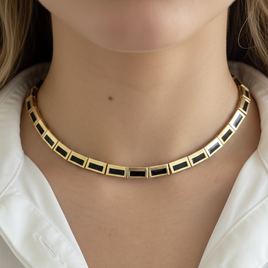 18k Yellow Gold Black Onyx 1990's Link Choker Necklace