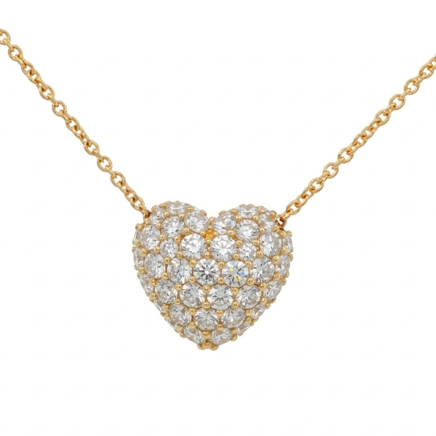 14k Yellow Gold Lab Diamond Puffy Heart Necklace