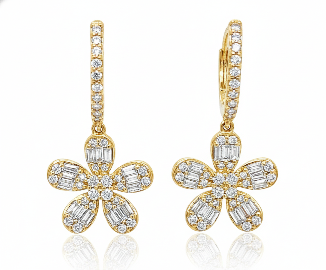 14k Yellow Gold Diamond Flower Earrings