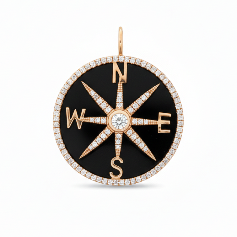 14k Yellow Gold Black Onyx and Diamond Compass Charm