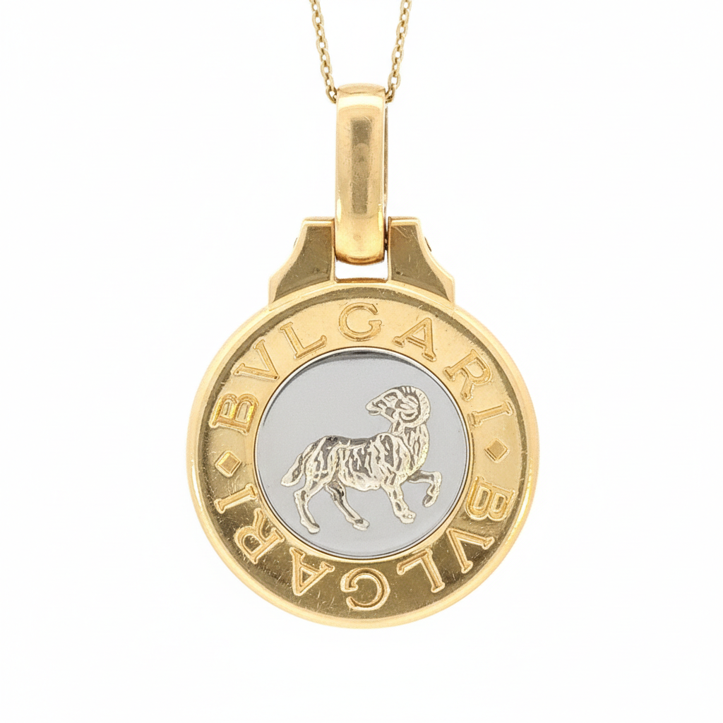 18k Yellow Gold Vintage Bvlgari Aries Ram and Steel Pendant Necklace