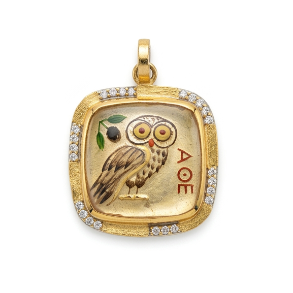 24K Yellow Gold Silver Diamond Mother of Pearl Athenas Owl Miniature Painting Charm