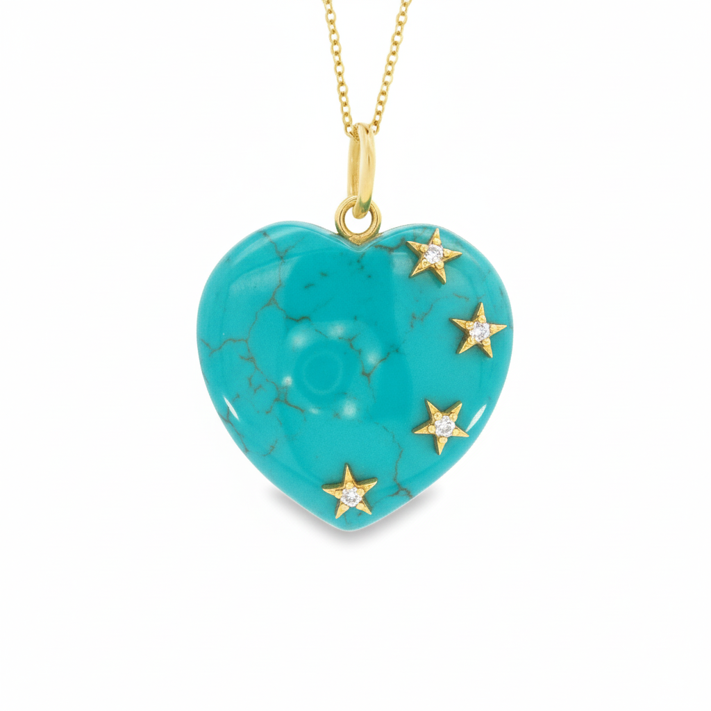 14K Yellow Gold Gemstone Diamond Heart with Stars Charm