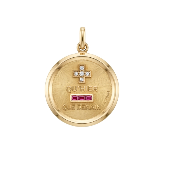 18 Karat Yellow Gold Vintage A. Augis Qu’hier Que Demain Ruby Diamond Love Token Charm