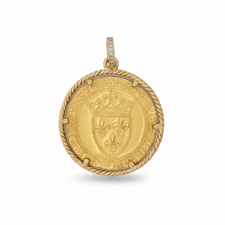 14k Yellow Gold Coin Charm Rope Frame with Diamond Bail