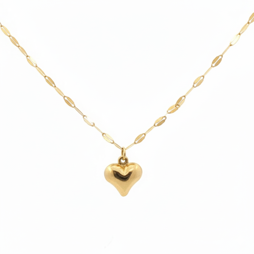 14k Yellow Gold Vintage Small Puffy Heart Diamond-Cut Link Necklace